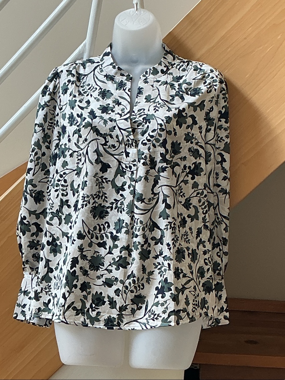 Ann Taylor Cream Blouse with Navy Blue and Dark Green Botanical Print